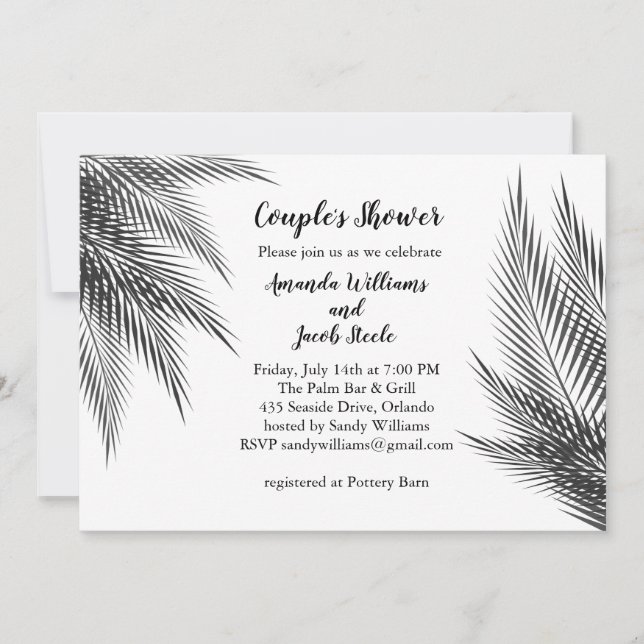 Invitation Palme noire et blanche classique Feuille Douche Co (Devant)