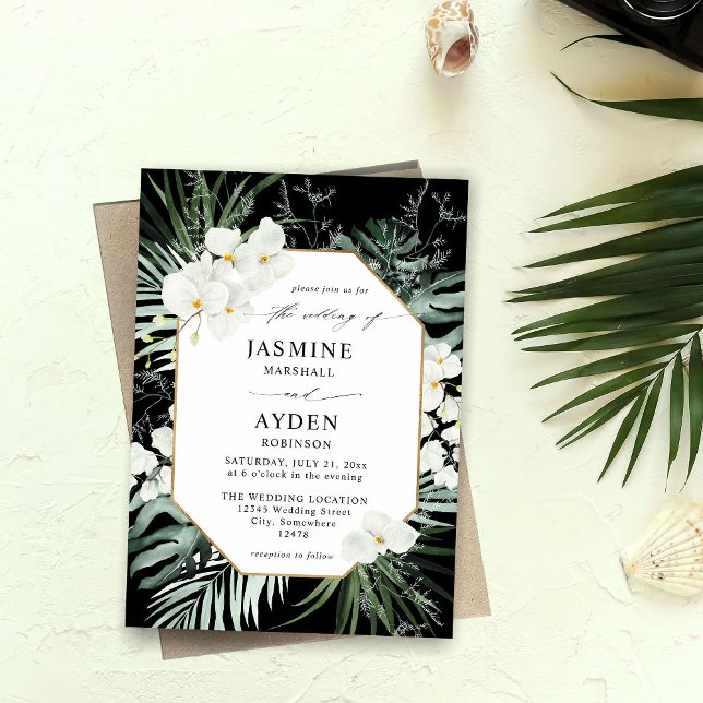 Invitation Palme tropicale et blanc Mariage floral V2 LN noir (Créateur téléchargé)