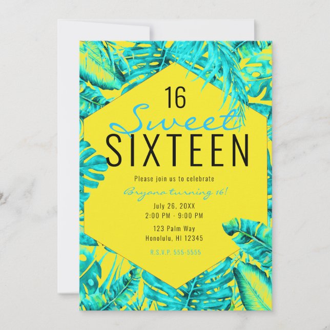 Invitation Palme Tropicale Jaune & Turquoise Feuille Sweet 16 (Devant)