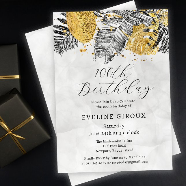Invitation Palme tropicale Noir Blanc Or 100e anniversaire (Need matching tropical palm party supplies? Message me!)