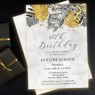 Invitation Palme tropicale Noir Blanc Or 60e anniversaire