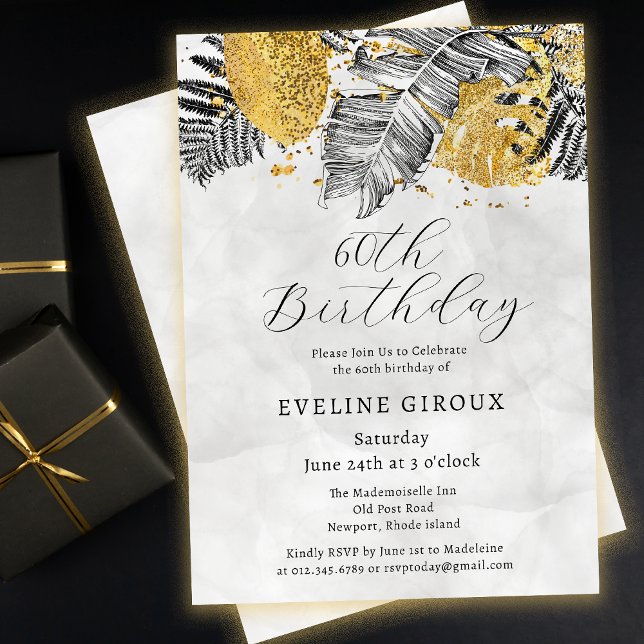 Invitation Palme tropicale Noir Blanc Or 60e anniversaire (Need matching black and gold tropical palm party supplies? Message me!)
