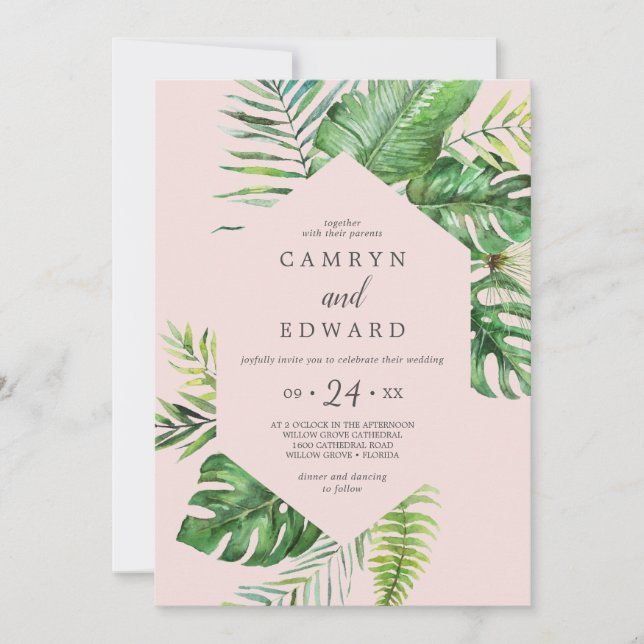 Invitation Palme tropicale sauvage | Blush Hexagon Décontract (Devant)