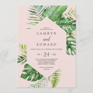 Invitation Palme tropicale sauvage Blush Hexagon Décontract