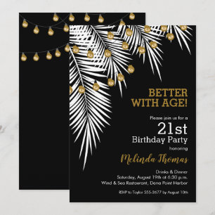 Invitation Palmes noires et d'or Fête d'anniversaire