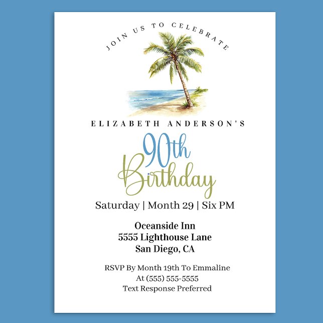 Invitation Palmier de la Plage 90e Anniversaire (Tropical beach palm tree 90th birthday invitation with a coastal ocean theme )