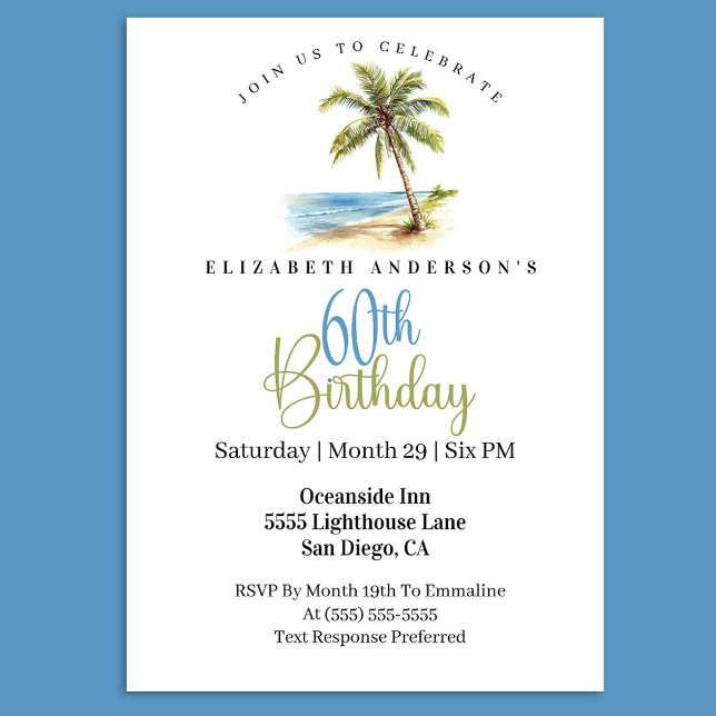 Invitation Palmier de Plage 60e Anniversaire (Tropical beach palm tree 60th birthday invitation with ocean coastal theme and elegant typography
)