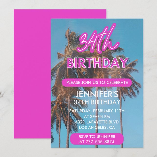 Invitation Palmier d'été Tropical Pink 34e anniversaire (Devant / Derrière)