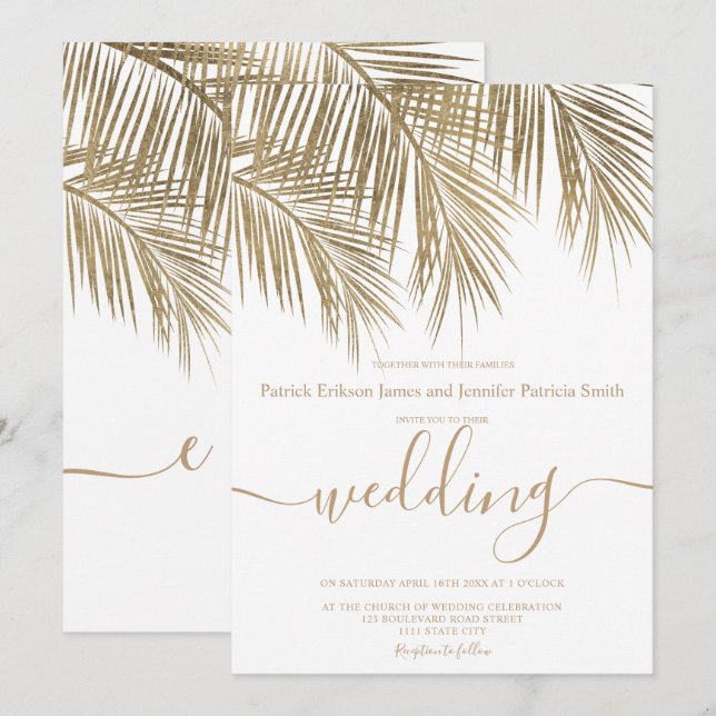 Invitation Palmier d'or moderne élégant script mariage (Devant / Derrière)