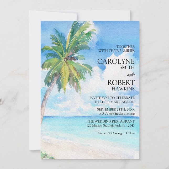 Invitation Palmier Minimal Mer Tropicale Tout En Un Mariage (Devant)