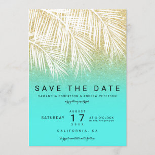 Invitation Palmier moderne or aqua enregistrer la date