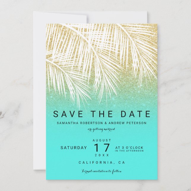 Invitation Palmier moderne or aqua save the date (Devant)