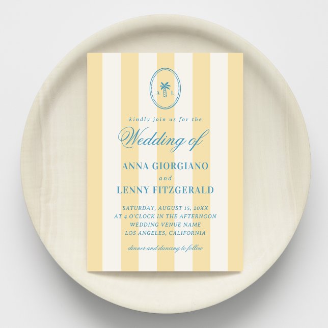 Invitation Palmier rayé Monogramme Plage classique Mariage (Créateur téléchargé)