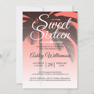 Invitation Palmier tropical Corail Sweet 16 16e anniversaire