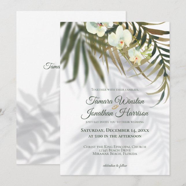 Invitation Palmier Tropical & Ombres Orchidées Beach Wedding  (Devant / Derrière)