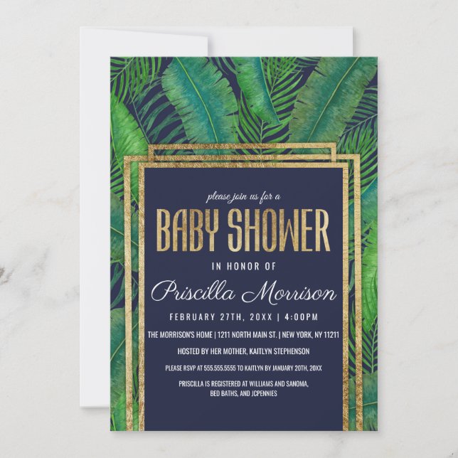 Invitation Palmier tropical Vert Baby shower Bleu Or (Devant)