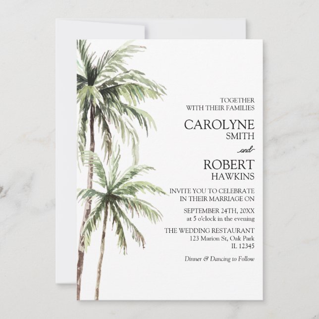 Invitation Palmiers Aquarelle Plage tropicale Mariage (Devant)