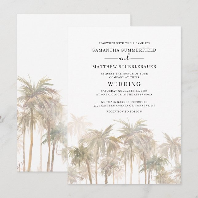 Invitation Palmiers côtiers Mariage d'aquarelle moderne (Devant / Derrière)
