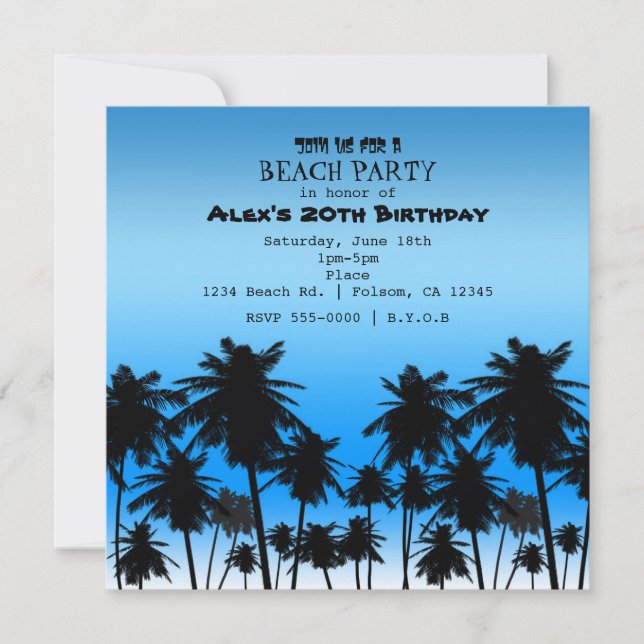 Invitation Palmiers de plage Fête d'anniversaire Noir & Bleu (Devant)