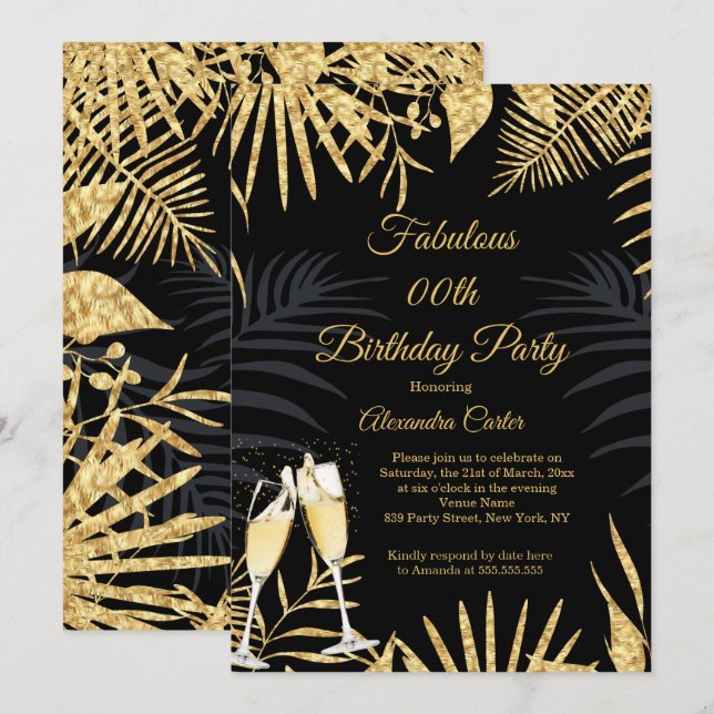 Invitation Palmiers d'or noir tropical Champagne fête d'anniv (Devant / Derrière)