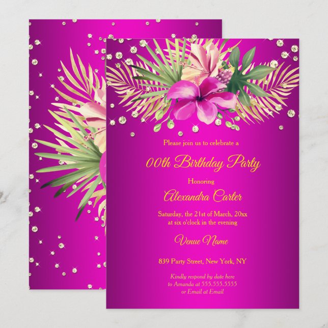 Invitation Palmiers d'or rose chaud floral fête d'anniversair (Devant / Derrière)