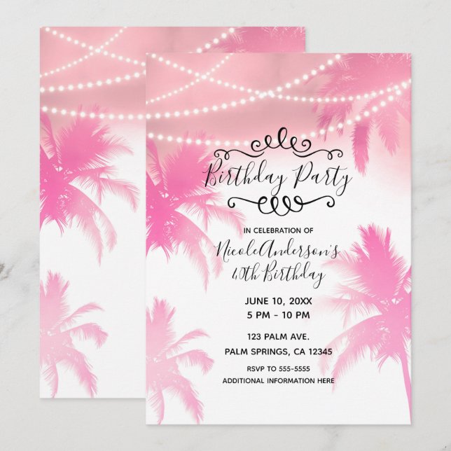 Invitation Palmiers et lumières roses tropicaux fête d'annive (Devant / Derrière)
