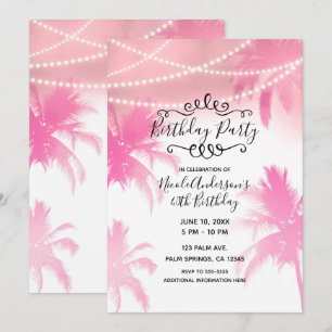 Invitation Palmiers et lumières roses tropicaux fête d'annive