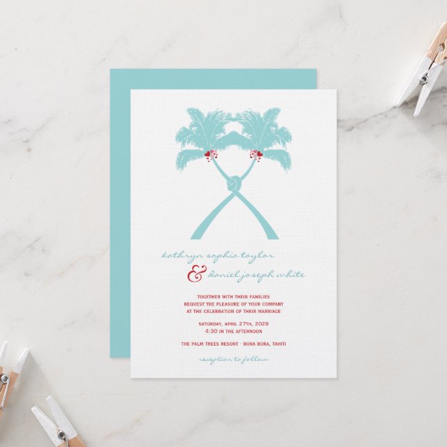 Invitation Palmiers noués Coeurs Plage tropicale Mariage (Devant/Arrière en situation)