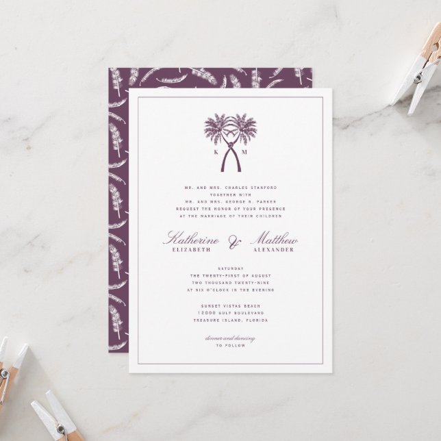 Invitation Palmiers noués Destination Tropicale Mariage (Devant/Arrière en situation)