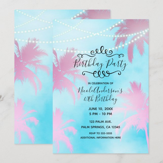 Invitation Palmiers roses ciel bleu & lumières fête d'anniver (Devant / Derrière)