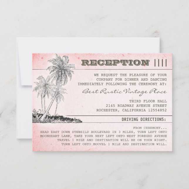 Invitation palmiers roses réception de mariage tropical sur l (Devant)