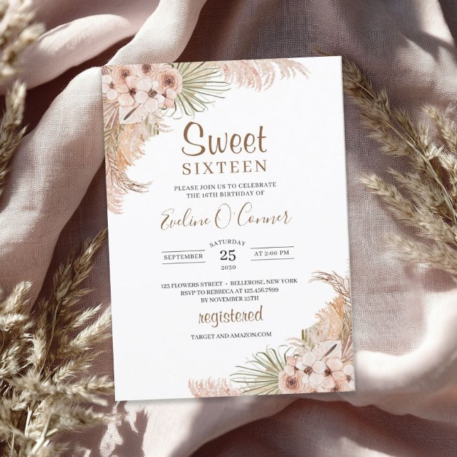 Invitation Palmiers séchés Feuilles Pampas Sweet sixteen orch (Dried Palm Leaves Pampas Pink Orchid Sweet Sixteen Invitation)