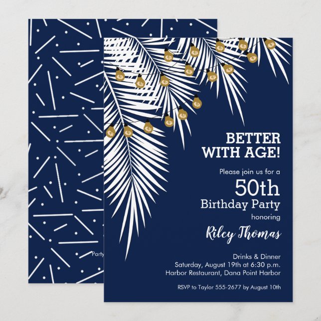 Invitation Palmiers sur la Marine Blue Anniversaire (Devant / Derrière)