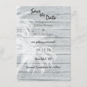 Invitation Palmiers sur Wood Beach Mariage Sauvez la date