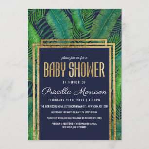 Invitation Palmiers tropicaux Baby shower bleu doré verdoyant