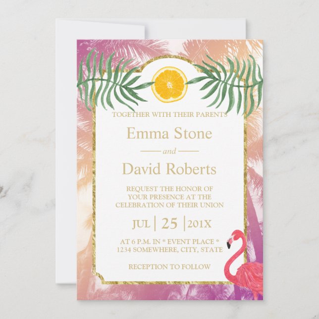 Invitation Palmiers tropicaux et Mariage d'été aux fruits ora (Devant)