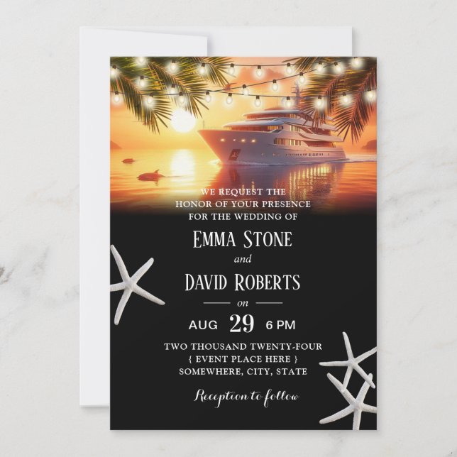 Invitation Palmiers tropicaux et yacht Sunset Beach Mariage (Devant)