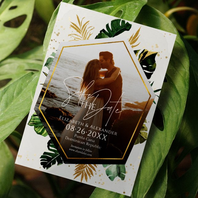 Invitation Palmiers Tropicaux Photo Gilded Enregistrer La Dat (Créateur téléchargé)