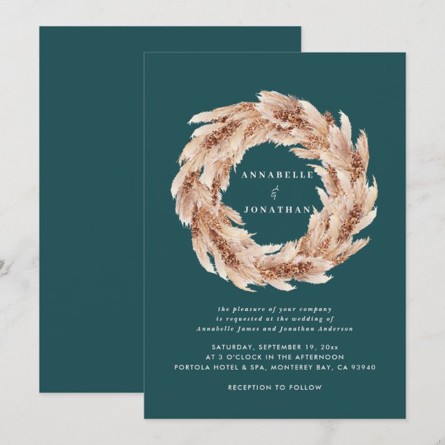 Invitation Pampa turquoise naturel moderne bohème mariage (Devant / Derrière)
