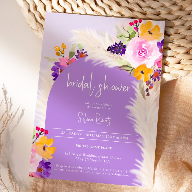 Invitation Pampas à fleurs violet Boho désert Douche nuptiale (Boho purple floral pampas desert Bridal shower Invitation)
