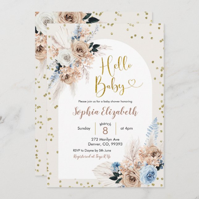 Invitation Pampas bleu herbe boho bonjour bébé garçon baby sh (Devant / Derrière)