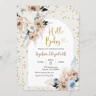 Invitation Pampas bleu herbe boho bonjour bébé garçon baby sh