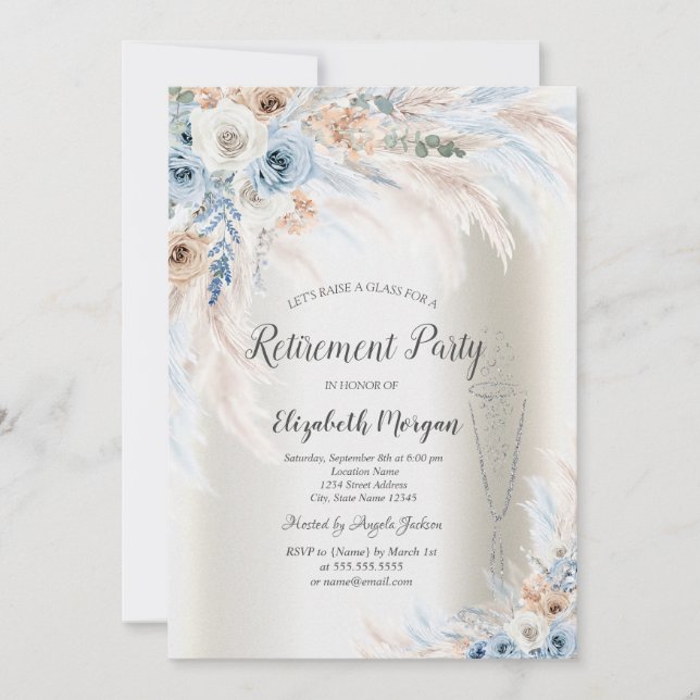 Invitation Pampas Bleu Rose Verre ivoire Retraite (Devant)