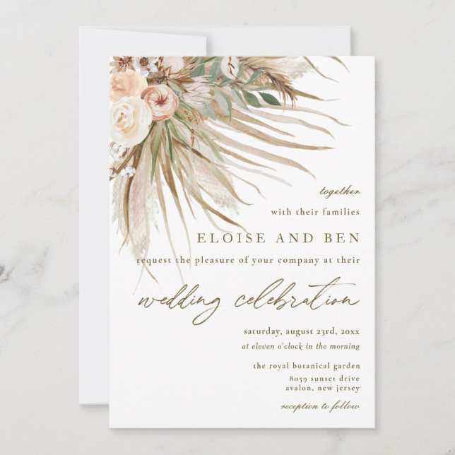 Invitation Pampas Bohème Grass Tons Terme Mariage Floral (Devant)