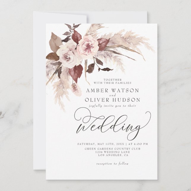Invitation Pampas Boho Floral Aquarelle Brown Beige Mariage (Devant)