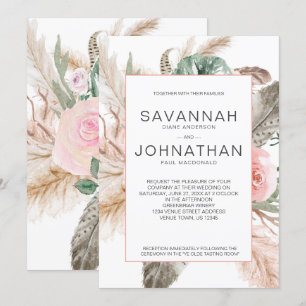 Invitation Pampas Boho, Monstera, Plumes tropicales Florales