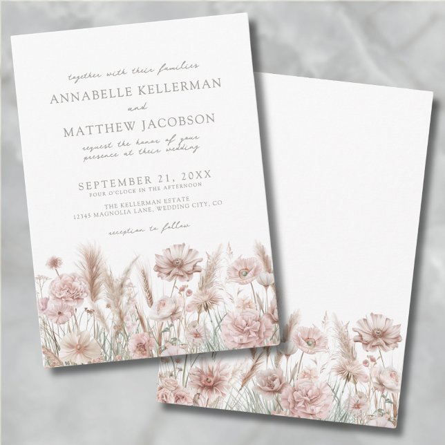 Invitation Pampas botanique rose pâle Mariage boho floral (Blush Pink Botanical Pampas Floral Boho Wedding Invitation)