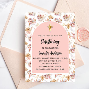 Invitation Pampas Christening fleurs rose or rose fille