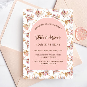 Invitation Pampas d'anniversaire fleurs d'herbe rose or rose