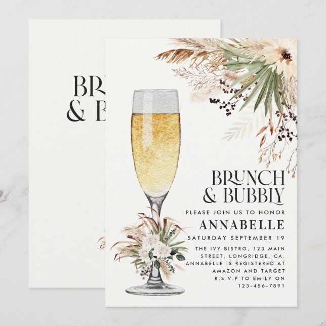 Invitation Pampas de douche nuptiale brunch d'herbe et bulle (Devant / Derrière)